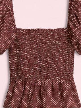 J. Crew Brown Polka Dot Smocked Blouse